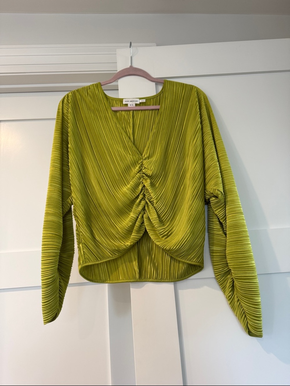 Good American Chartreuse Pleated V-Neck Blouse with Ruched Front